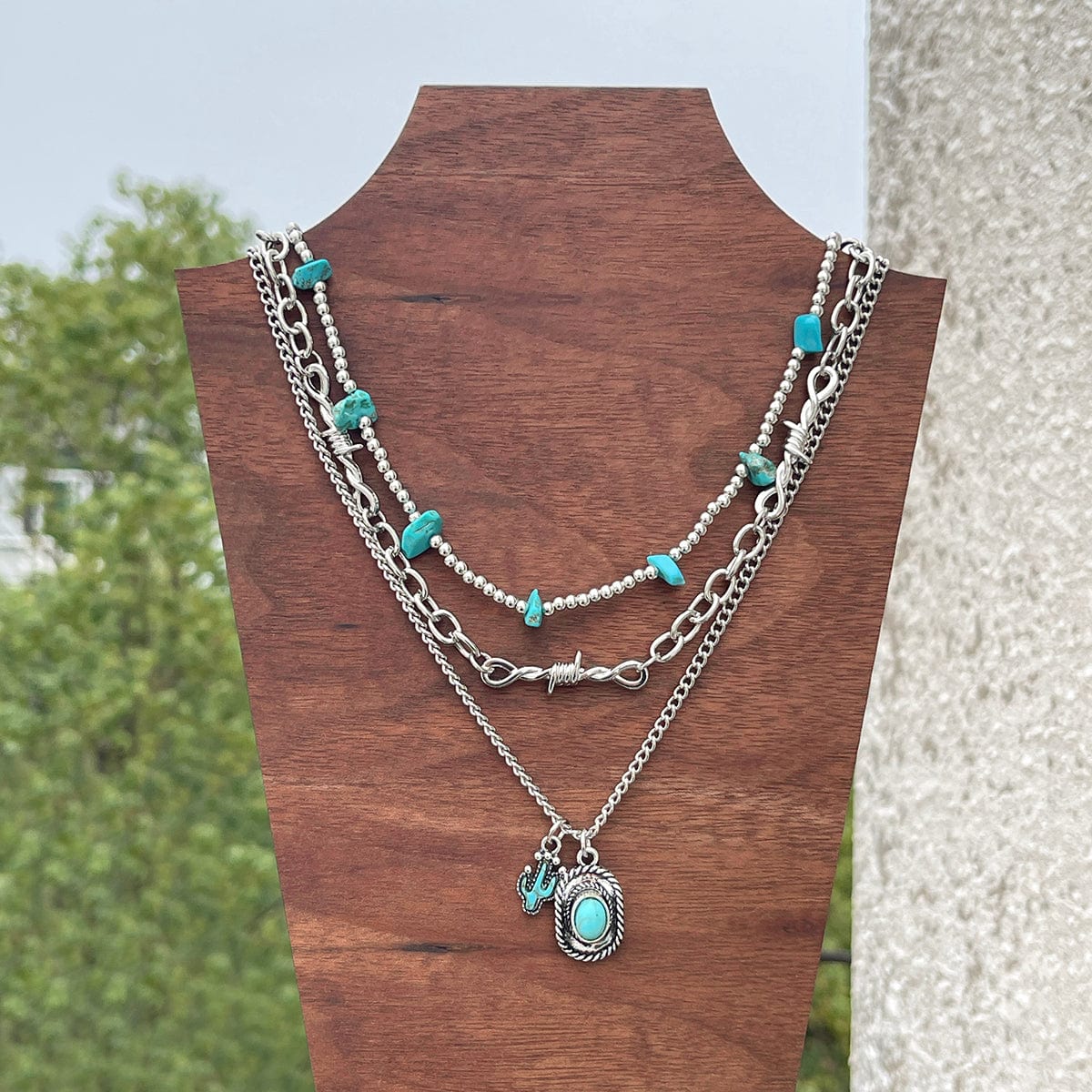 Hippie Layered Cactus Cowboy Hat Pendant Turquoise Necklace Set - ArtGalleryZen