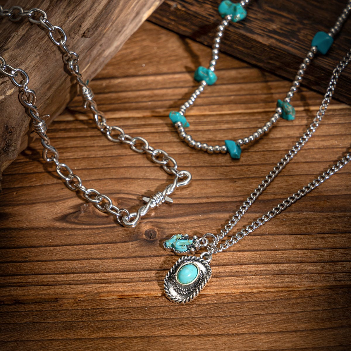 Hippie Layered Cactus Cowboy Hat Pendant Turquoise Necklace Set