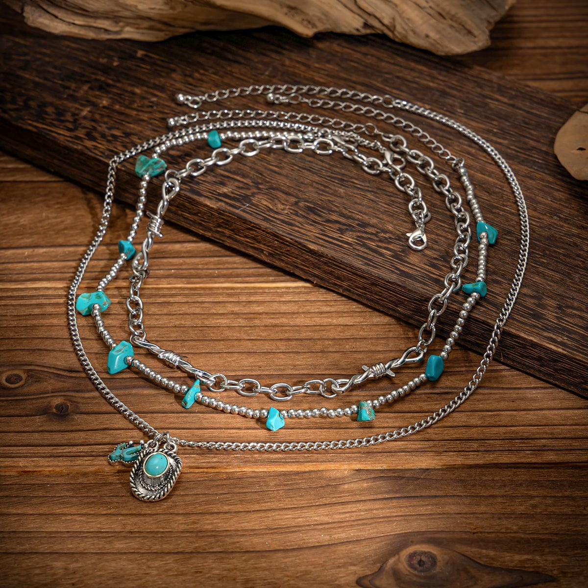 Hippie Layered Cactus Cowboy Hat Pendant Turquoise Necklace Set