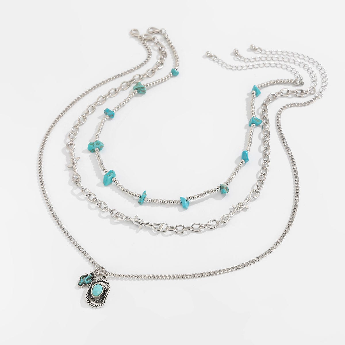 Hippie Layered Cactus Cowboy Hat Pendant Turquoise Necklace Set