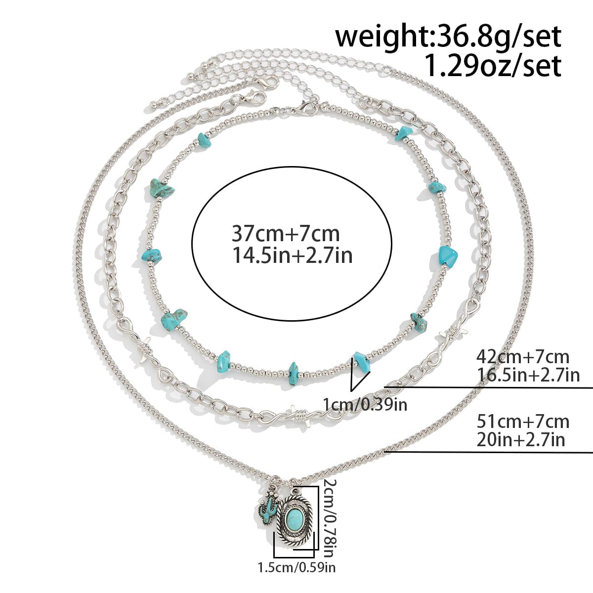 Hippie Layered Cactus Cowboy Hat Pendant Turquoise Necklace Set