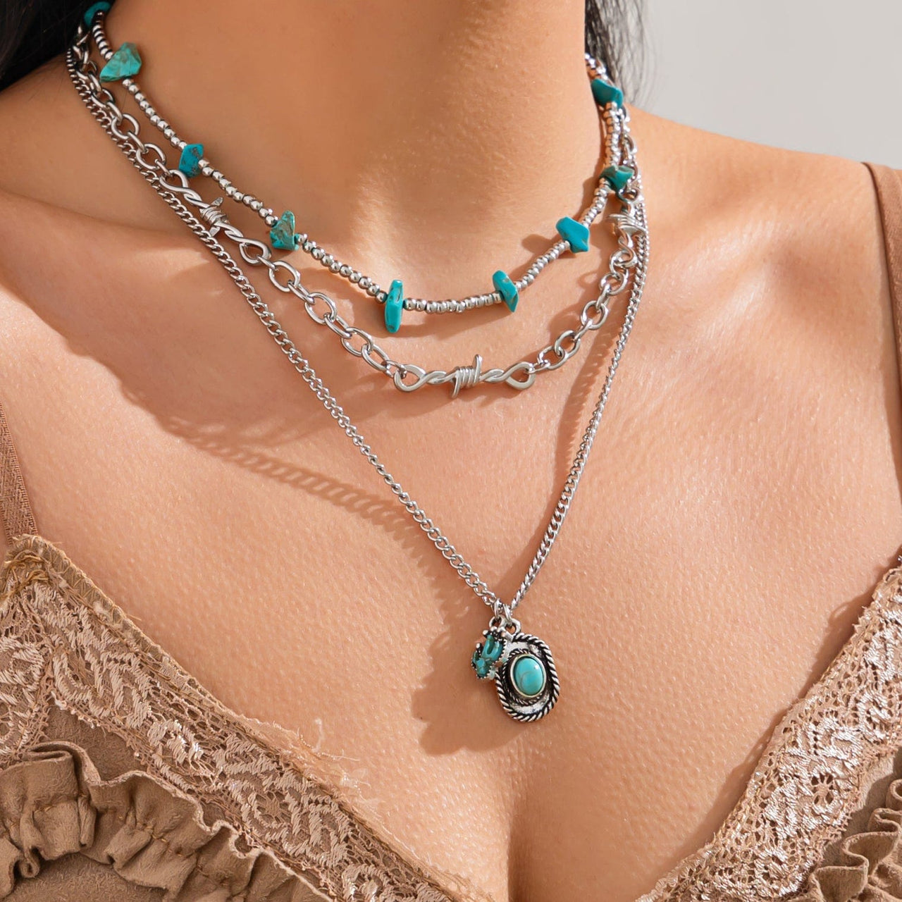 Hippie Layered Cactus Cowboy Hat Pendant Turquoise Necklace Set