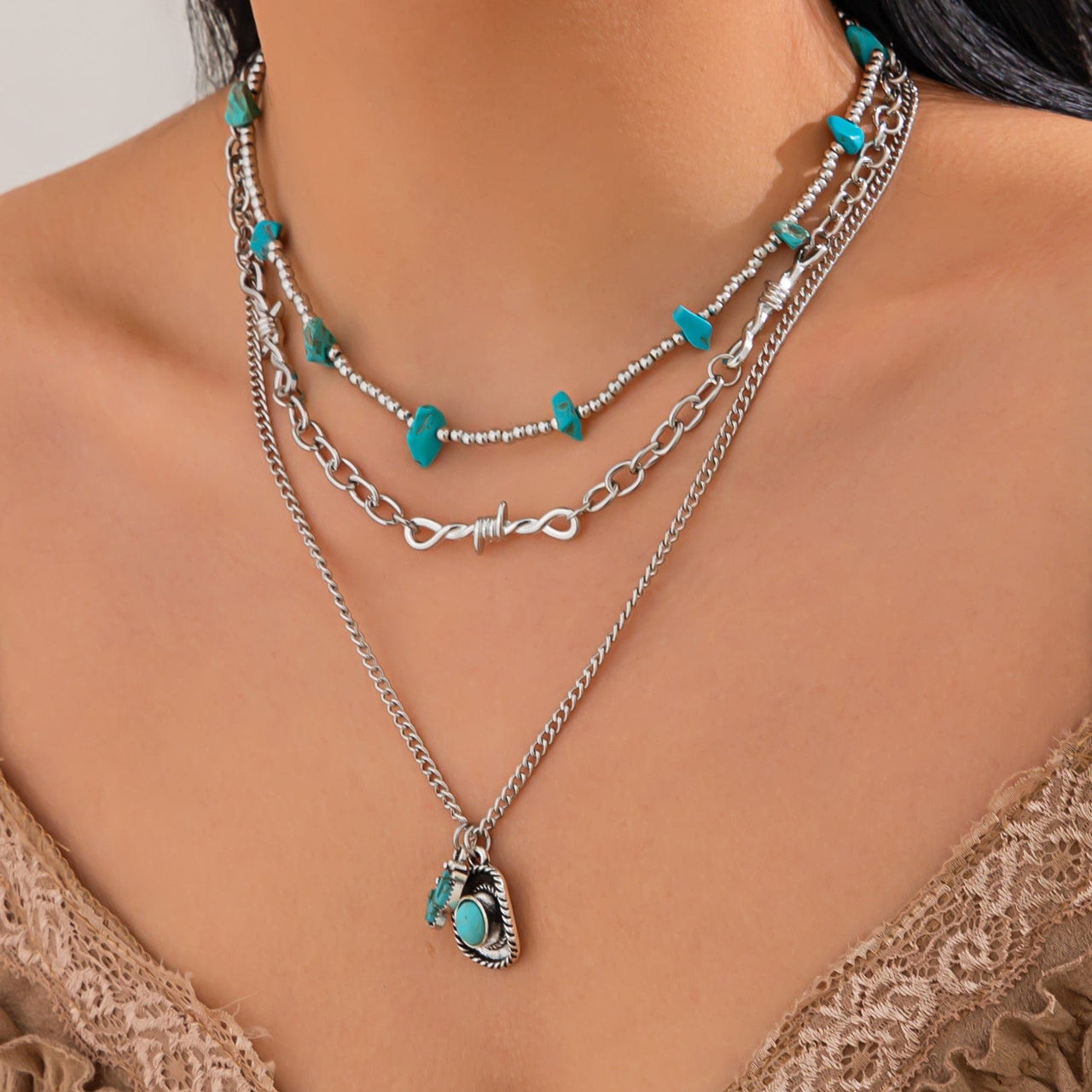 Hippie Layered Cactus Cowboy Hat Pendant Turquoise Necklace Set