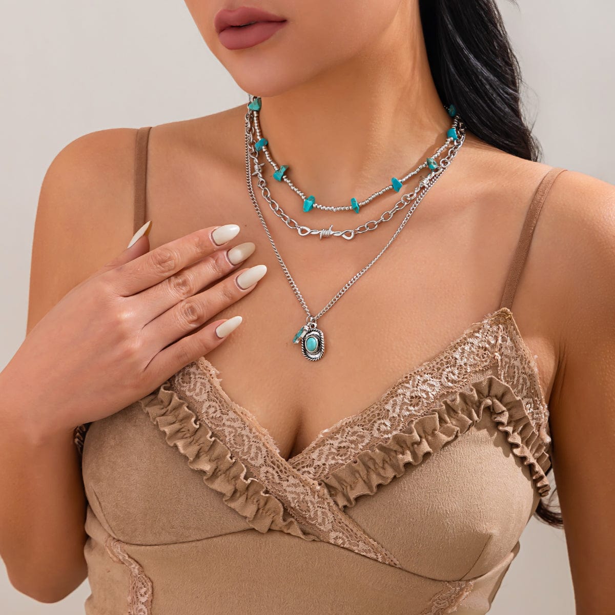 Hippie Layered Cactus Cowboy Hat Pendant Turquoise Necklace Set