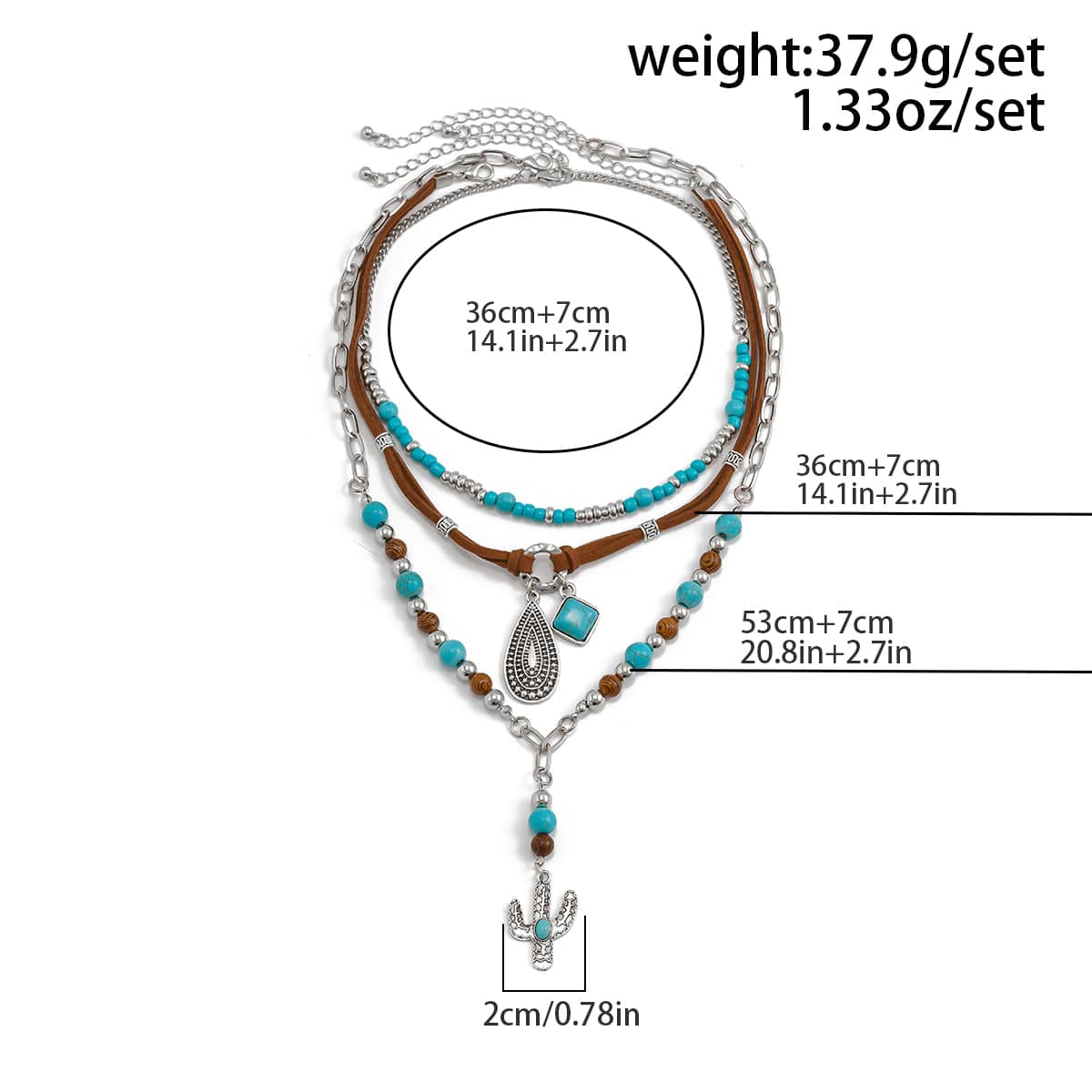 Hippie Layered Cactus Waterdrop Pendant Turquoise Wood Bead Velvet Necklace Set - ArtGalleryZen