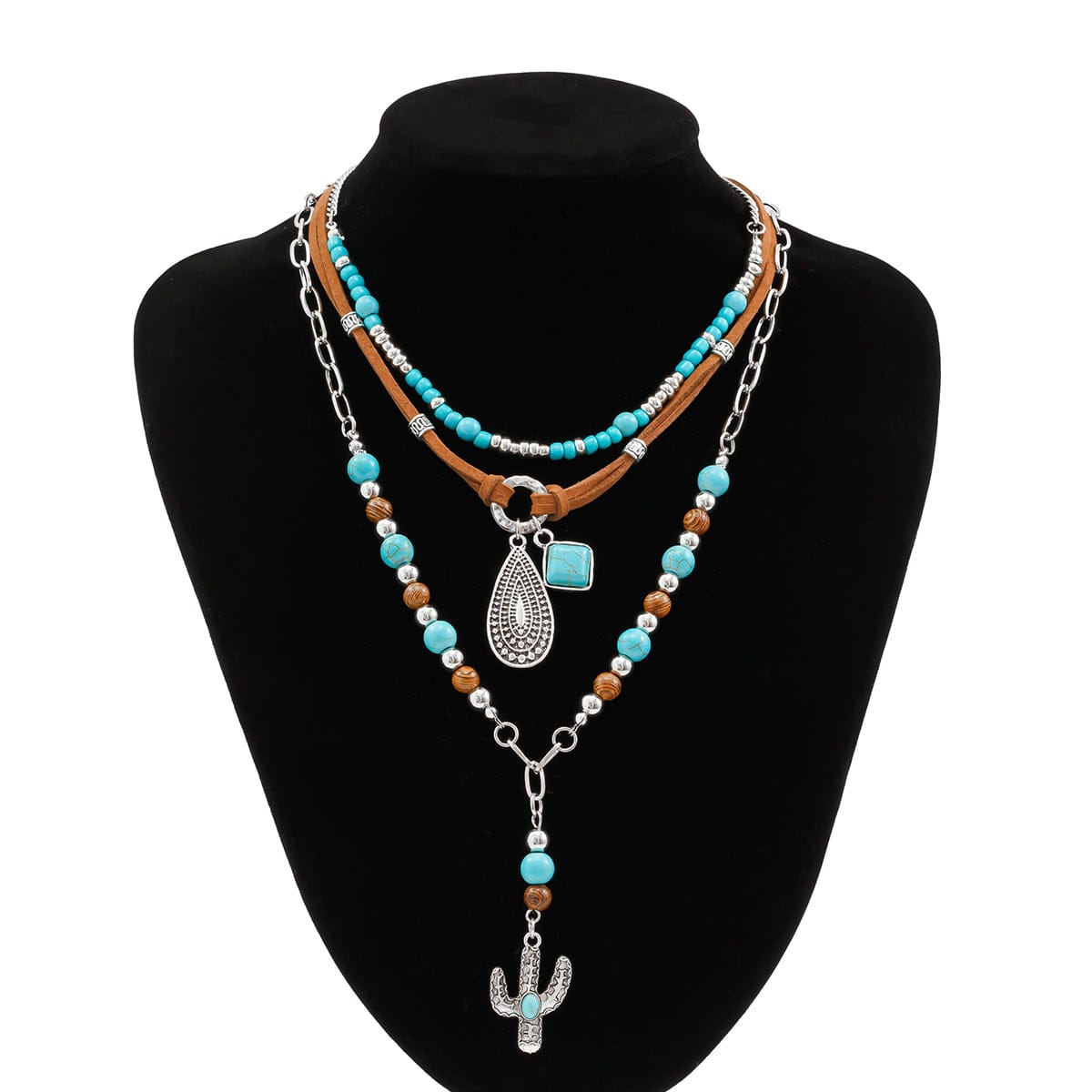 Hippie Layered Cactus Waterdrop Pendant Turquoise Wood Bead Velvet Necklace Set - ArtGalleryZen