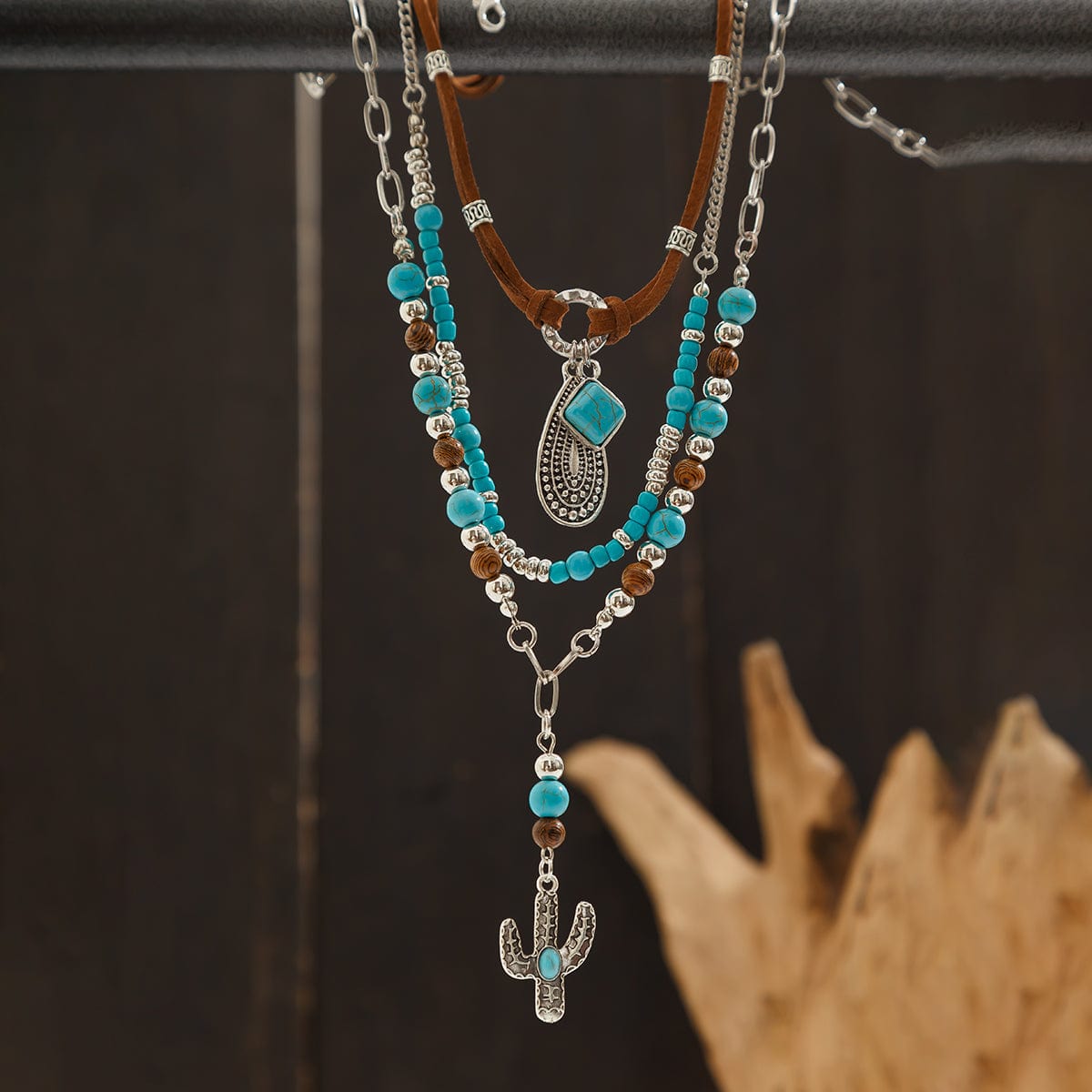 Hippie Layered Cactus Waterdrop Pendant Turquoise Wood Bead Velvet Necklace Set - ArtGalleryZen