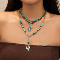 Thumbnail for Hippie Layered Cactus Waterdrop Pendant Turquoise Wood Bead Velvet Necklace Set - ArtGalleryZen