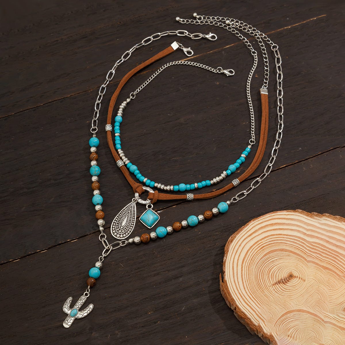 Hippie Layered Cactus Waterdrop Pendant Turquoise Wood Bead Velvet Necklace Set - ArtGalleryZen