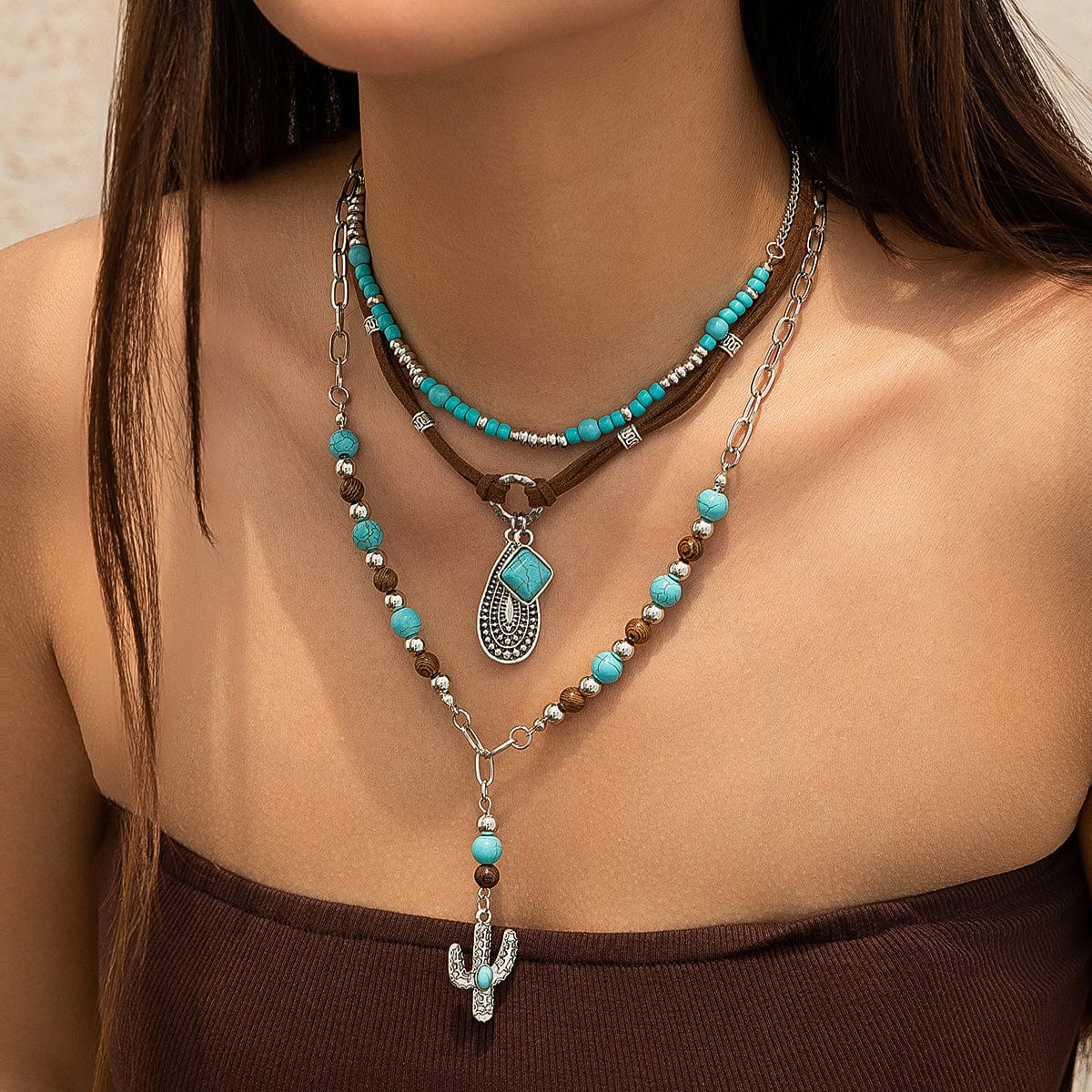 Hippie Layered Cactus Waterdrop Pendant Turquoise Wood Bead Velvet Necklace Set