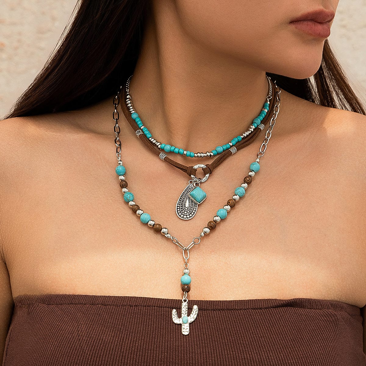 Hippie Layered Cactus Waterdrop Pendant Turquoise Wood Bead Velvet Necklace Set