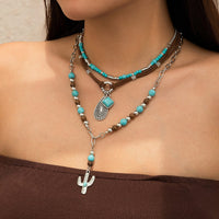 Thumbnail for Hippie Layered Cactus Waterdrop Pendant Turquoise Wood Bead Velvet Necklace Set