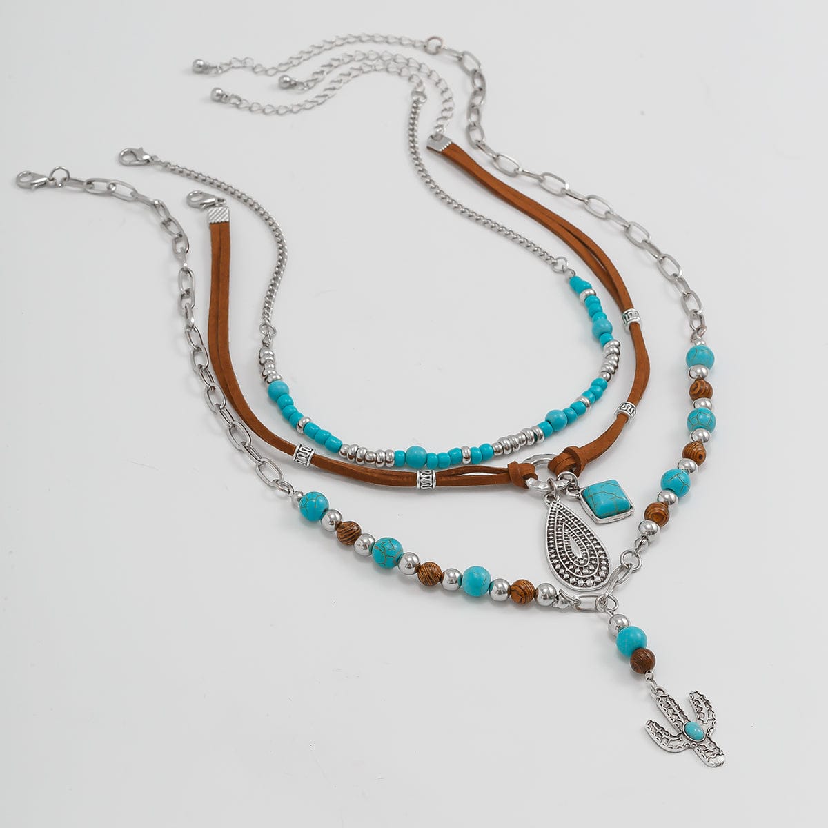 Hippie Layered Cactus Waterdrop Pendant Turquoise Wood Bead Velvet Necklace Set