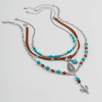 Thumbnail for Hippie Layered Cactus Waterdrop Pendant Turquoise Wood Bead Velvet Necklace Set