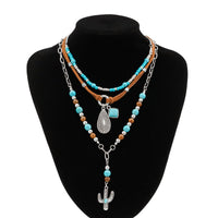 Thumbnail for Hippie Layered Cactus Waterdrop Pendant Turquoise Wood Bead Velvet Necklace Set