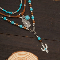 Thumbnail for Hippie Layered Cactus Waterdrop Pendant Turquoise Wood Bead Velvet Necklace Set