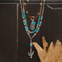 Thumbnail for Hippie Layered Cactus Waterdrop Pendant Turquoise Wood Bead Velvet Necklace Set