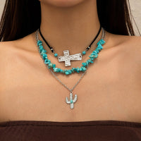 Thumbnail for Hippie Layered Turquoise Cactus Pendant Cross Velvet Necklace Set - ArtGalleryZen