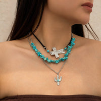 Thumbnail for Hippie Layered Turquoise Cactus Pendant Cross Velvet Necklace Set - ArtGalleryZen