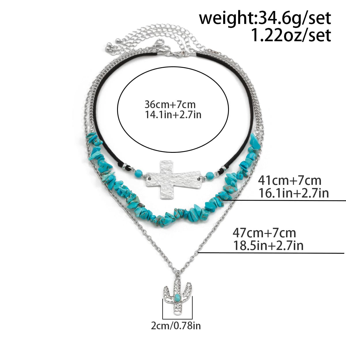 Hippie Layered Turquoise Cactus Pendant Cross Velvet Necklace Set - ArtGalleryZen