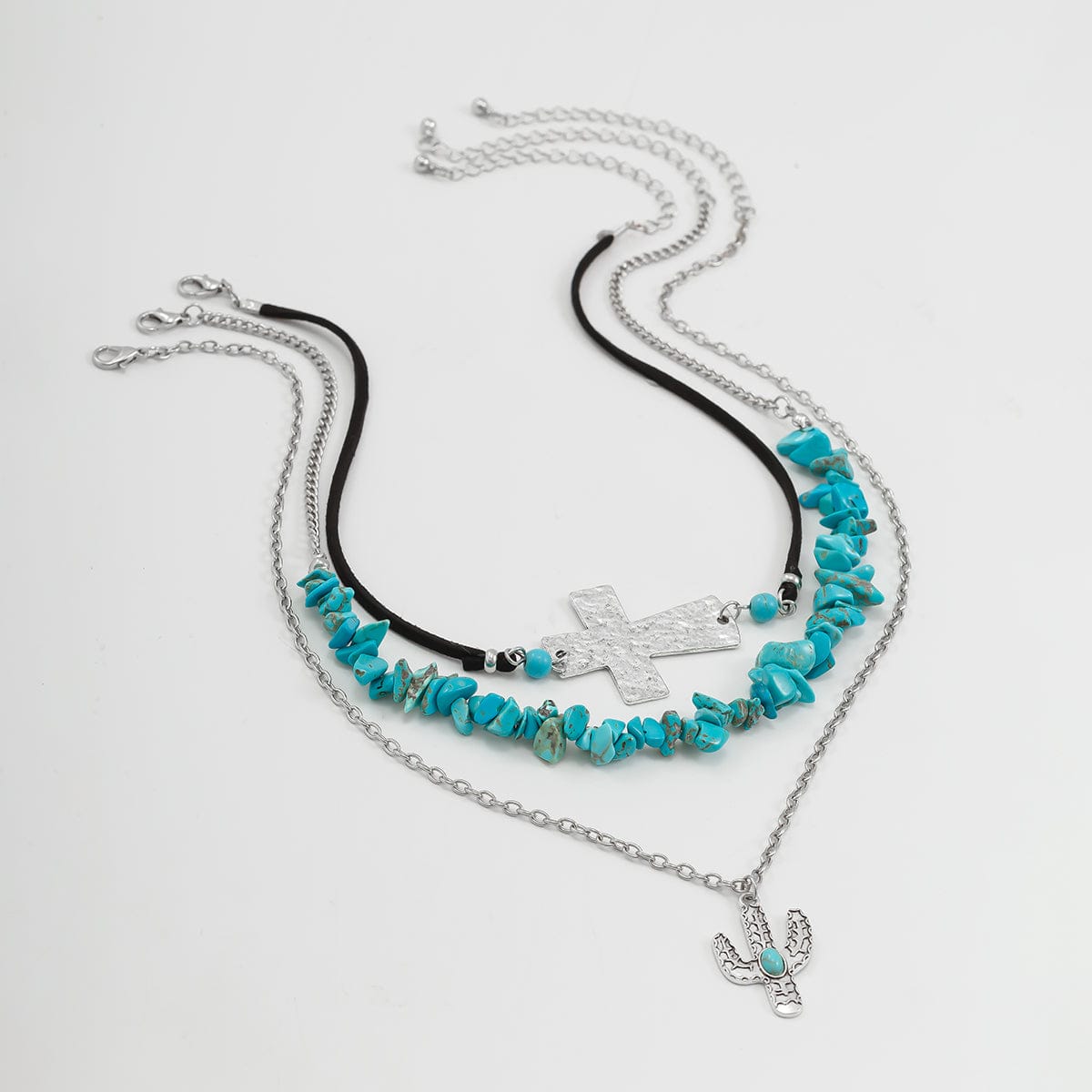 Hippie Layered Turquoise Cactus Pendant Cross Velvet Necklace Set - ArtGalleryZen