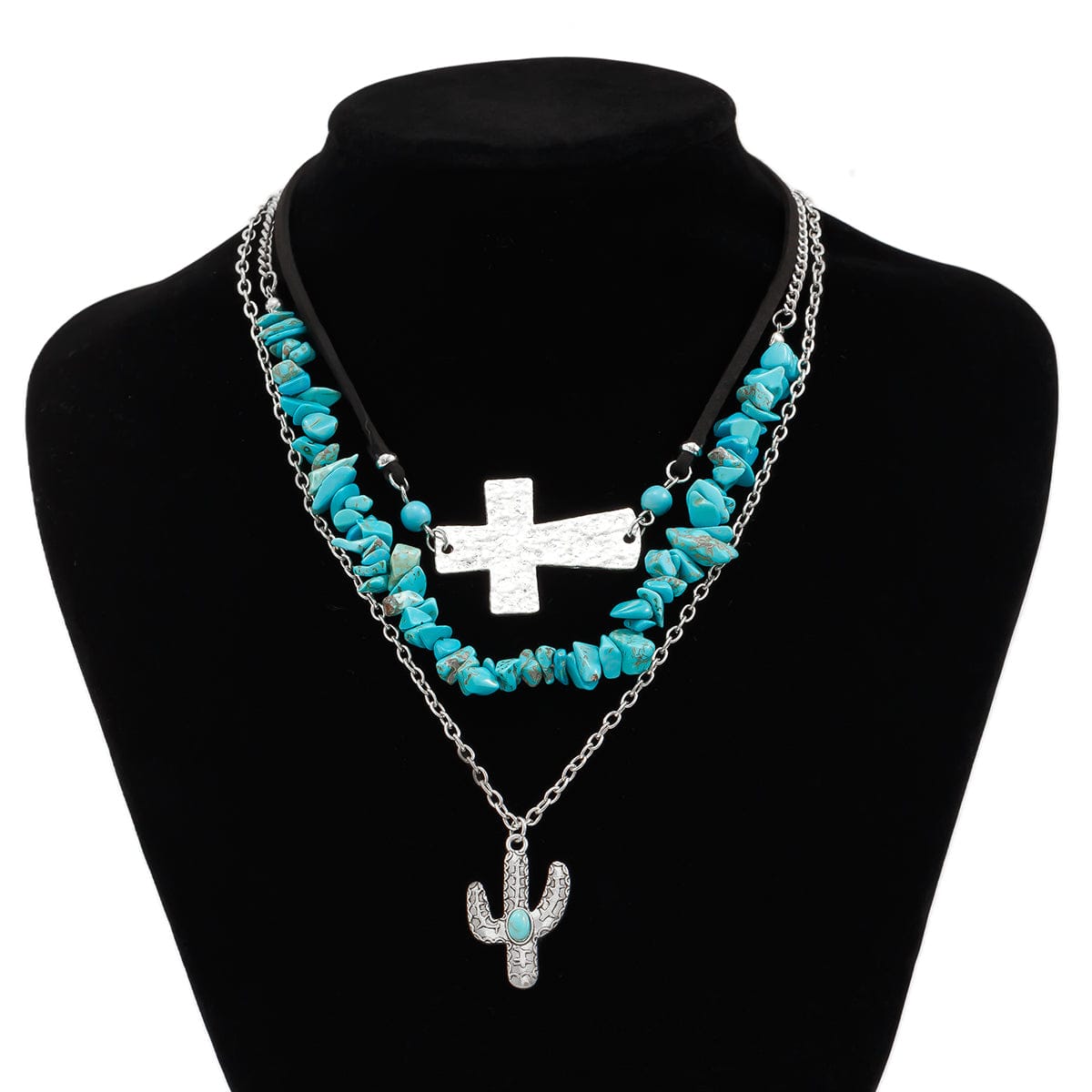 Hippie Layered Turquoise Cactus Pendant Cross Velvet Necklace Set - ArtGalleryZen