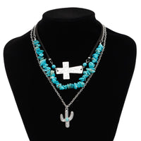 Thumbnail for Hippie Layered Turquoise Cactus Pendant Cross Velvet Necklace Set - ArtGalleryZen