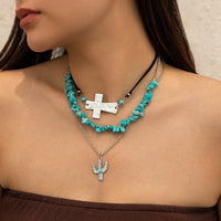 Thumbnail for Hippie Layered Turquoise Cactus Pendant Cross Velvet Necklace Set - ArtGalleryZen
