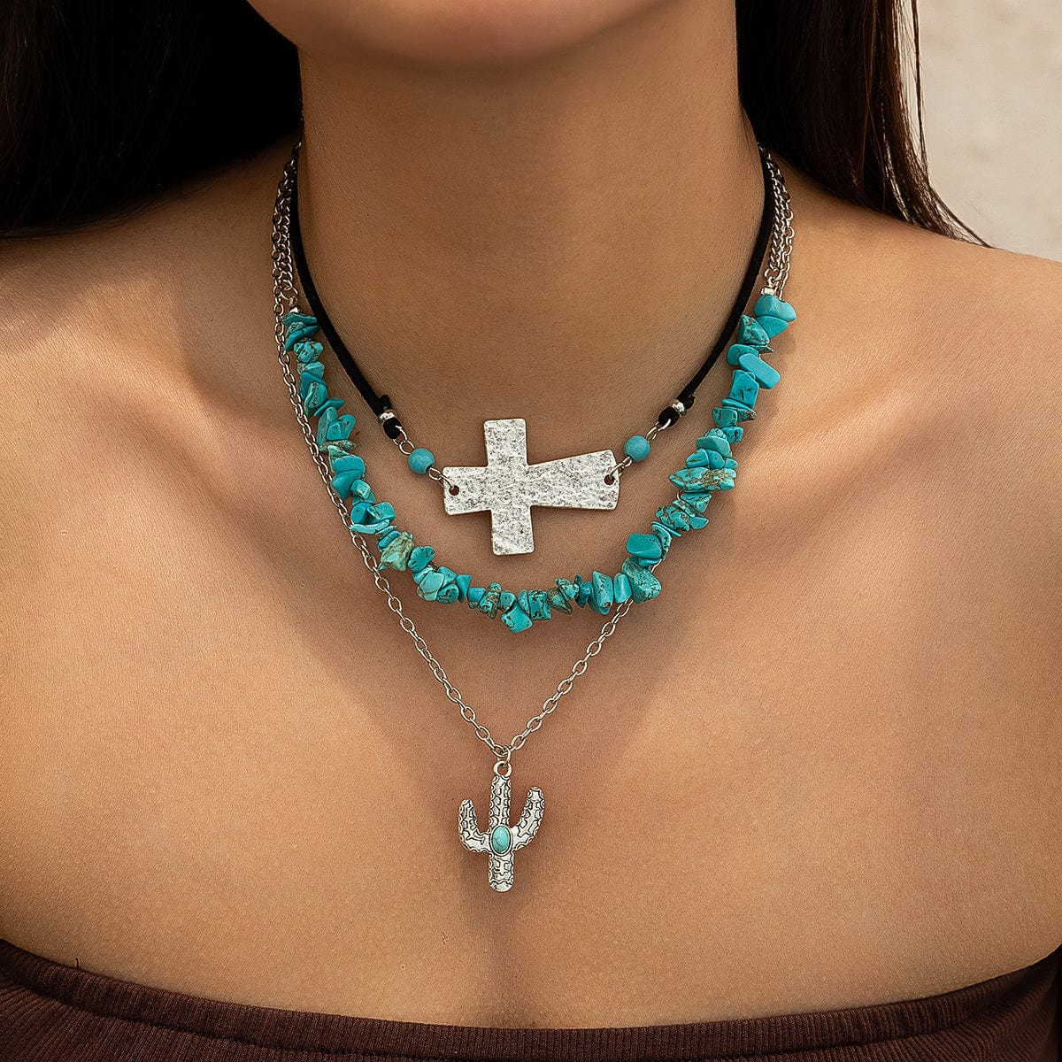 Hippie Layered Turquoise Cactus Pendant Cross Velvet Necklace Set