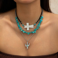 Thumbnail for Hippie Layered Turquoise Cactus Pendant Cross Velvet Necklace Set