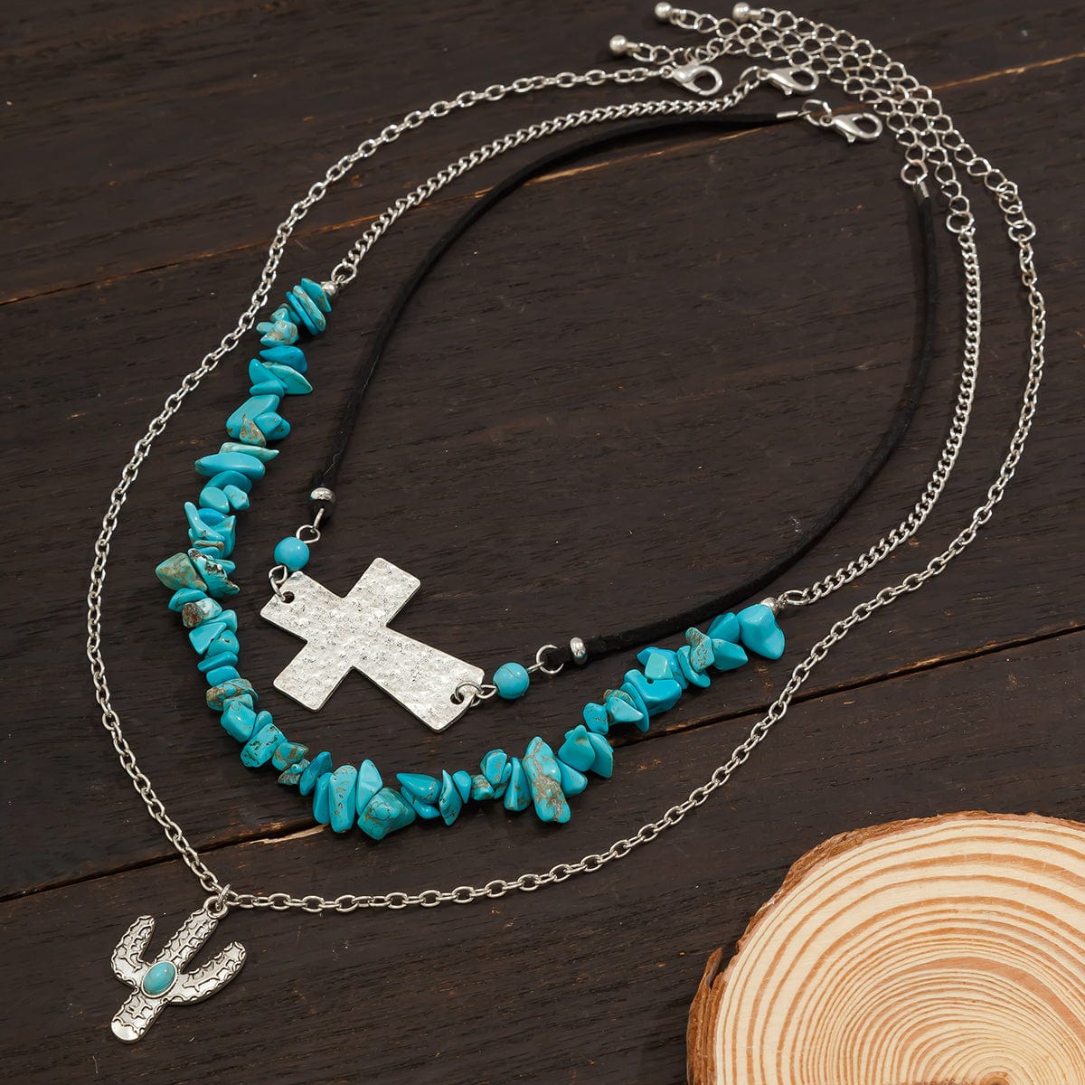 Hippie Layered Turquoise Cactus Pendant Cross Velvet Necklace Set