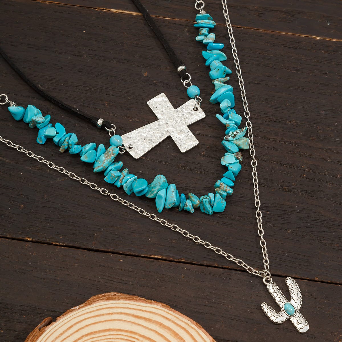 Hippie Layered Turquoise Cactus Pendant Cross Velvet Necklace Set