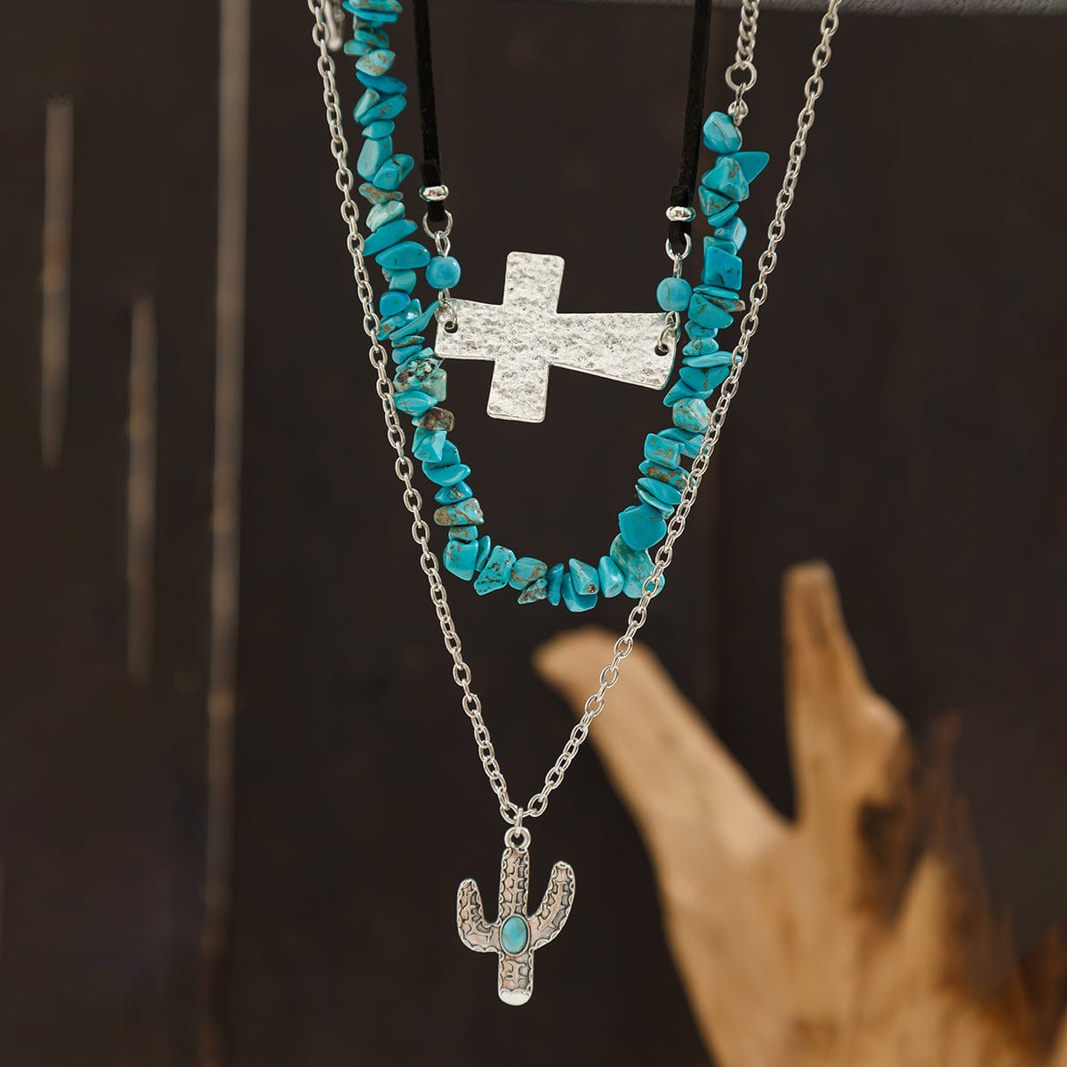 Hippie Layered Turquoise Cactus Pendant Cross Velvet Necklace Set