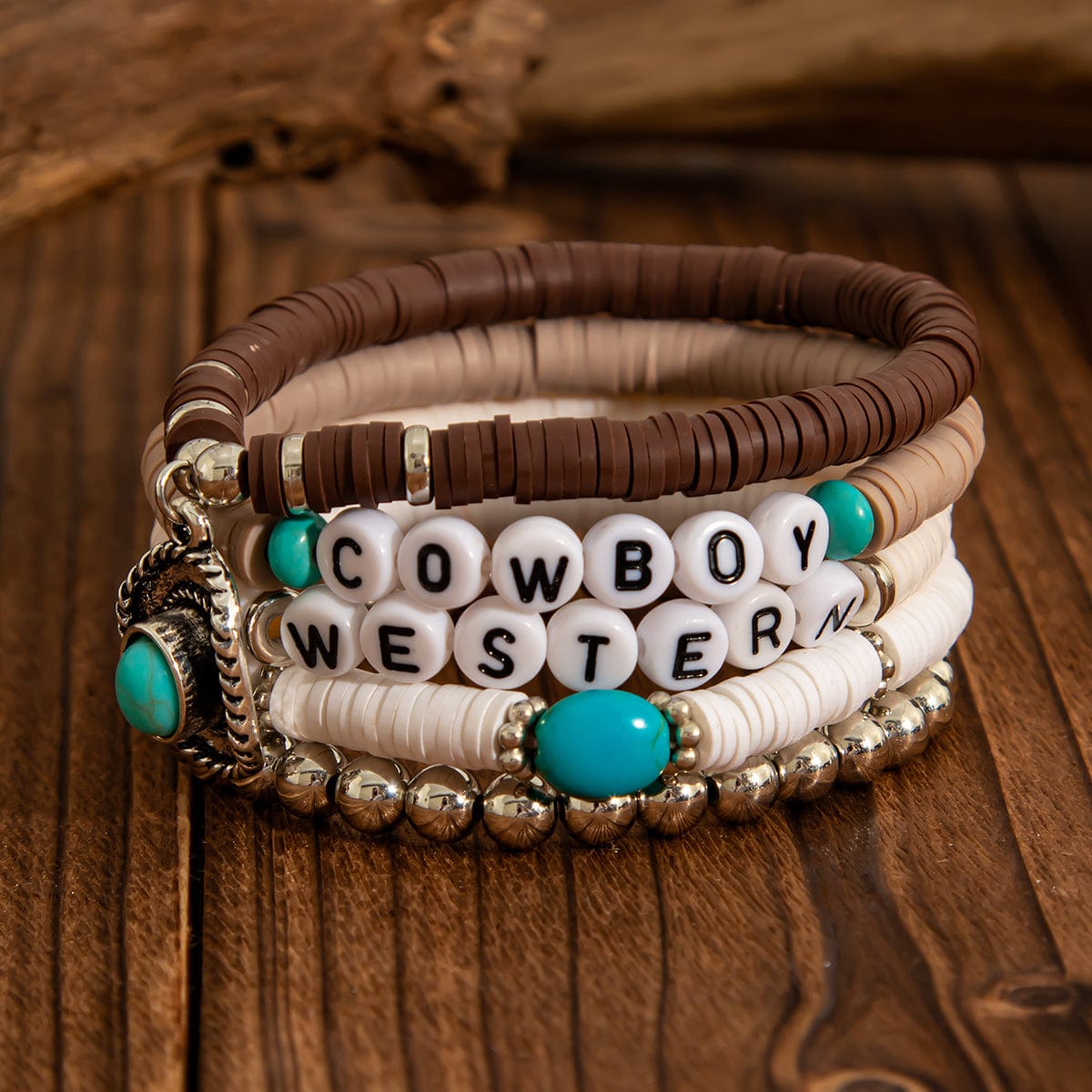 Hippie Layered Turquoise Inlaid Cowboy Hat Charm Polymer Clay Letter Beaded Bracelet Set