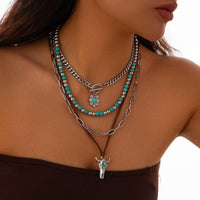 Thumbnail for Hippie Toggle Clasp Bull Flower Pendant Turquoise Chain Velvet Necklace Set - ArtGalleryZen