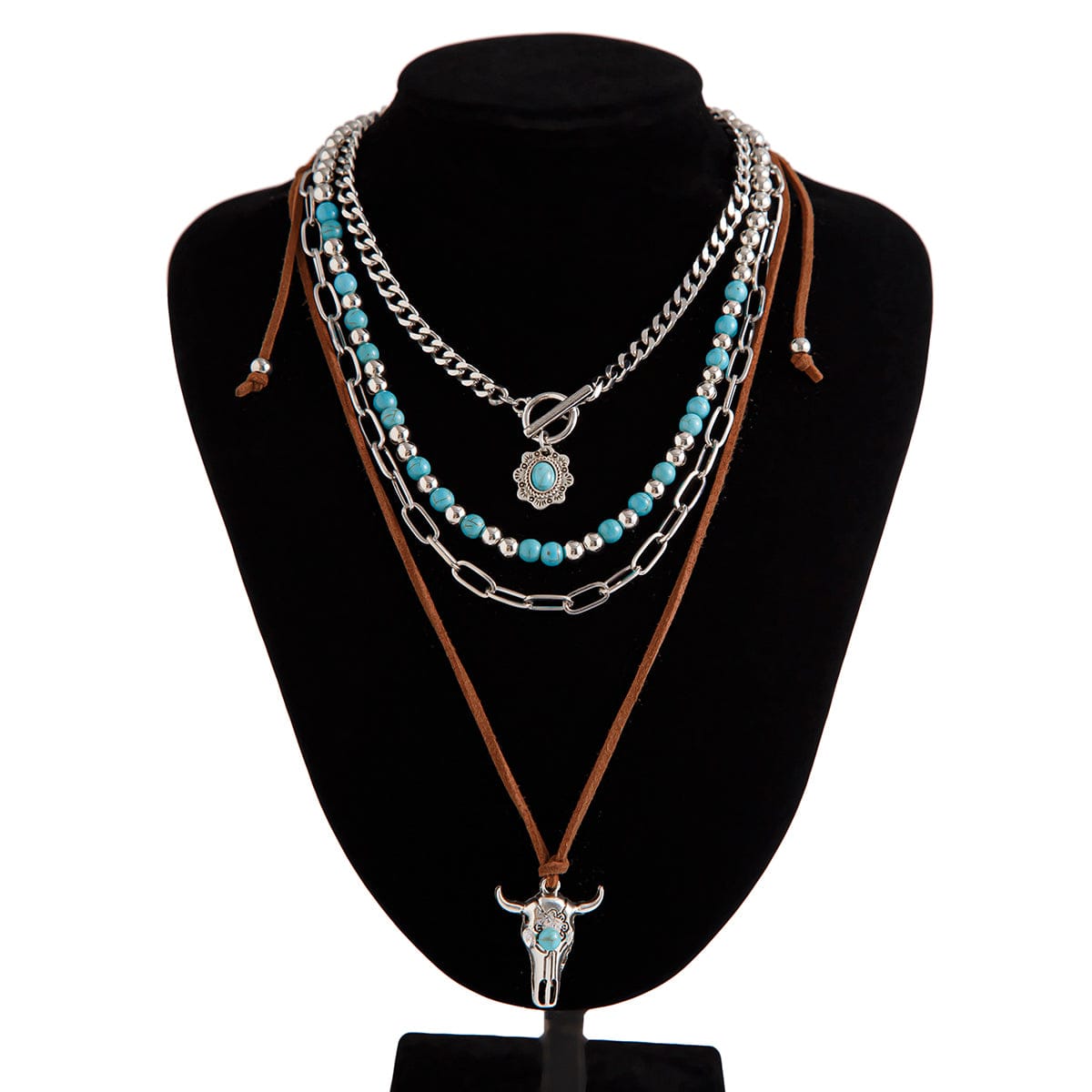 Hippie Toggle Clasp Bull Flower Pendant Turquoise Chain Velvet Necklace Set - ArtGalleryZen