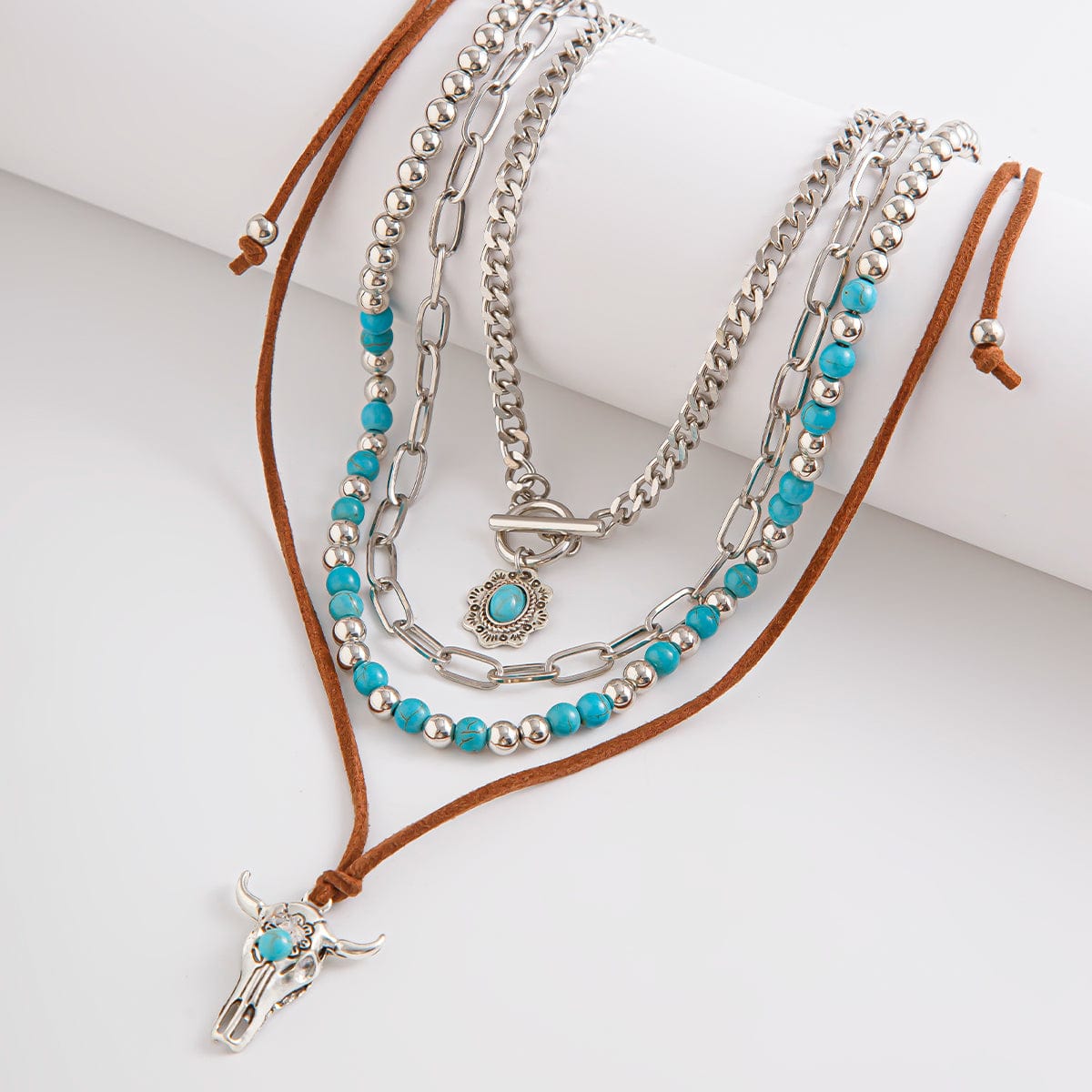 Hippie Toggle Clasp Bull Flower Pendant Turquoise Chain Velvet Necklace Set - ArtGalleryZen
