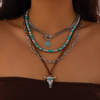 Thumbnail for Hippie Toggle Clasp Bull Flower Pendant Turquoise Chain Velvet Necklace Set