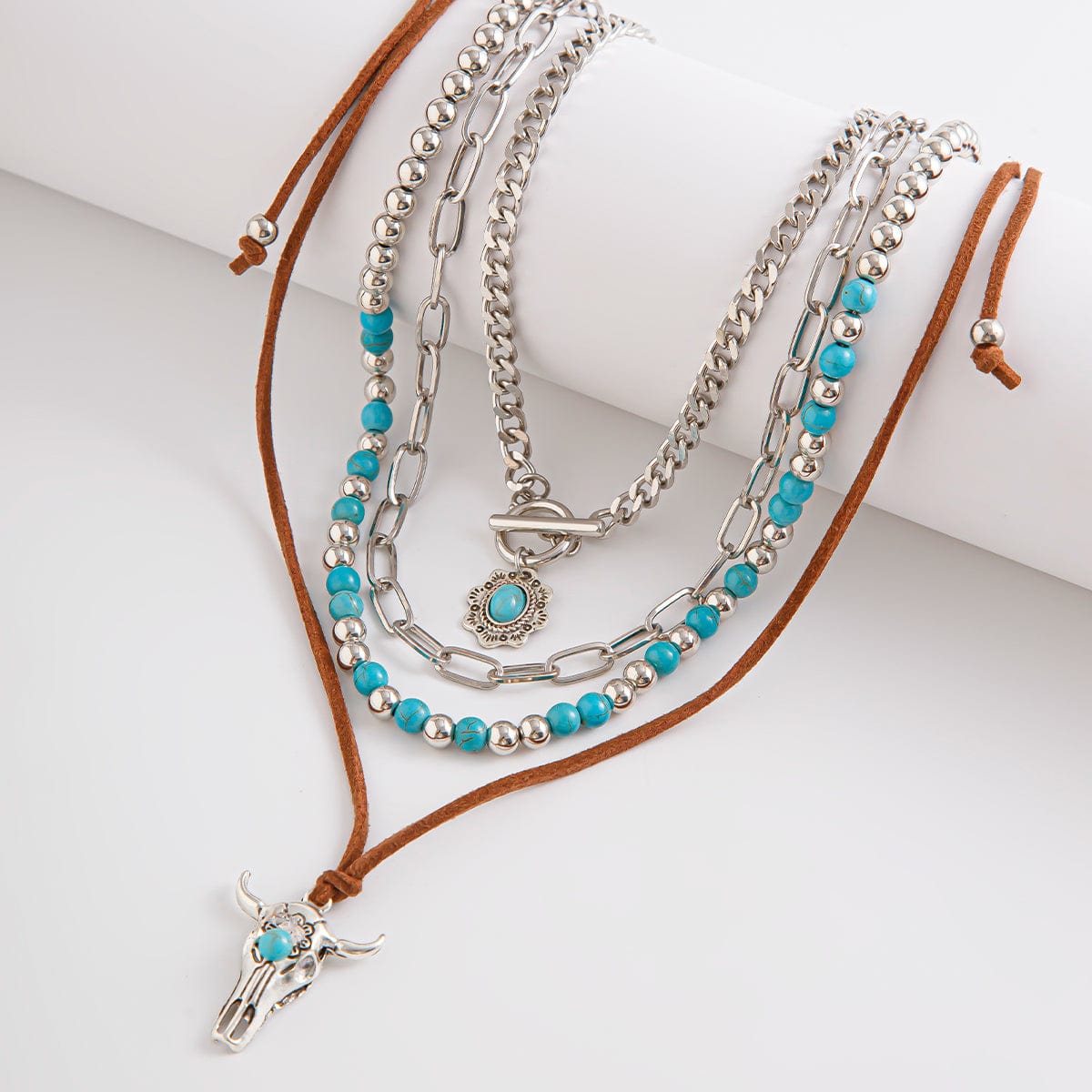 Hippie Toggle Clasp Bull Flower Pendant Turquoise Chain Velvet Necklace Set