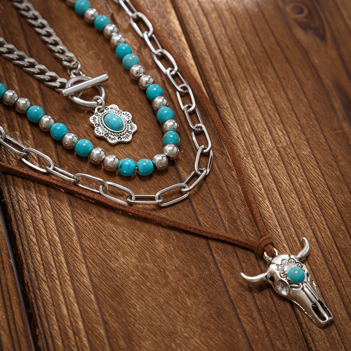 Hippie Toggle Clasp Bull Flower Pendant Turquoise Chain Velvet Necklace Set