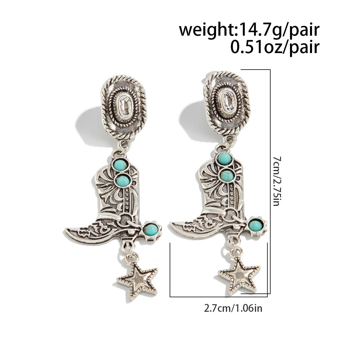 Hippie Turquoise Inlaid Boot Cowboy Hat Star Dangle Earrings - ArtGalleryZen