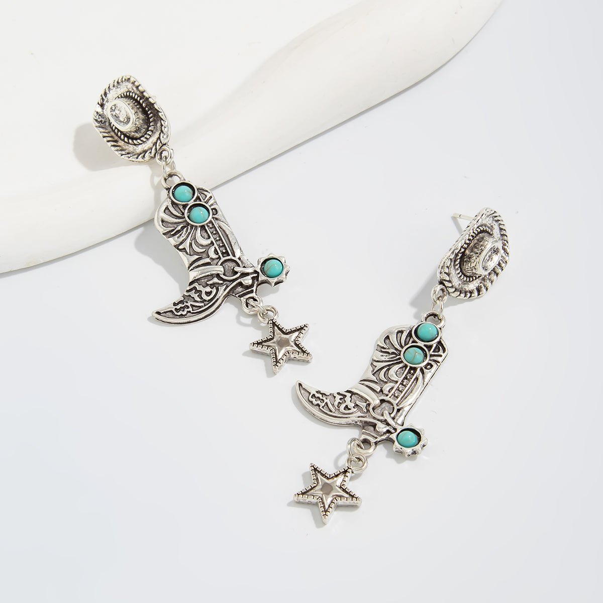 Hippie Turquoise Inlaid Boot Cowboy Hat Star Dangle Earrings - ArtGalleryZen