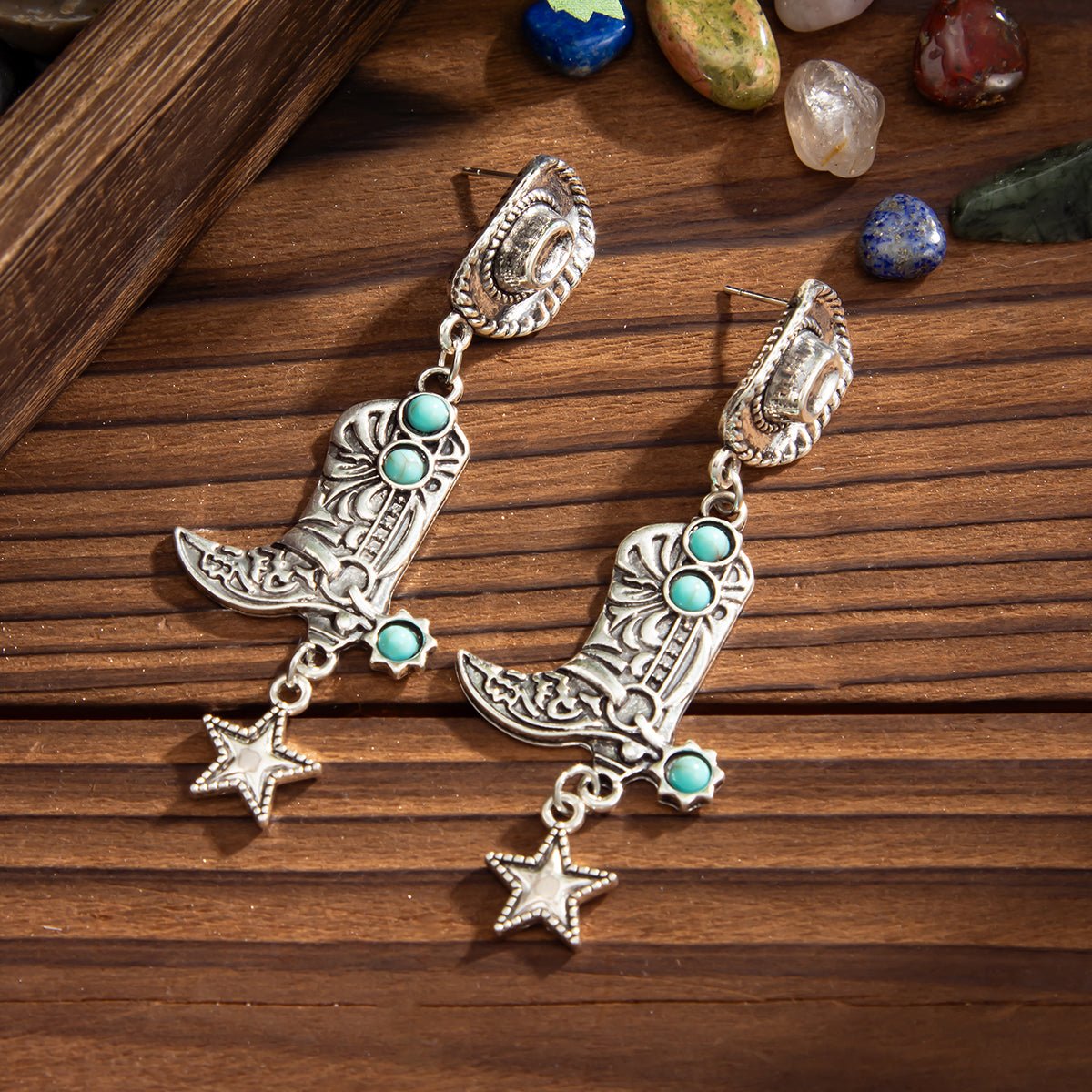 Hippie Turquoise Inlaid Boot Cowboy Hat Star Dangle Earrings - ArtGalleryZen
