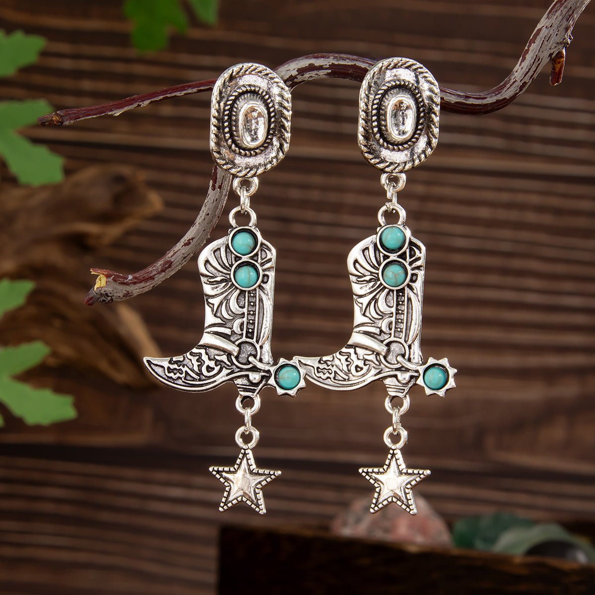 Hippie Turquoise Inlaid Boot Cowboy Hat Star Dangle Earrings - ArtGalleryZen