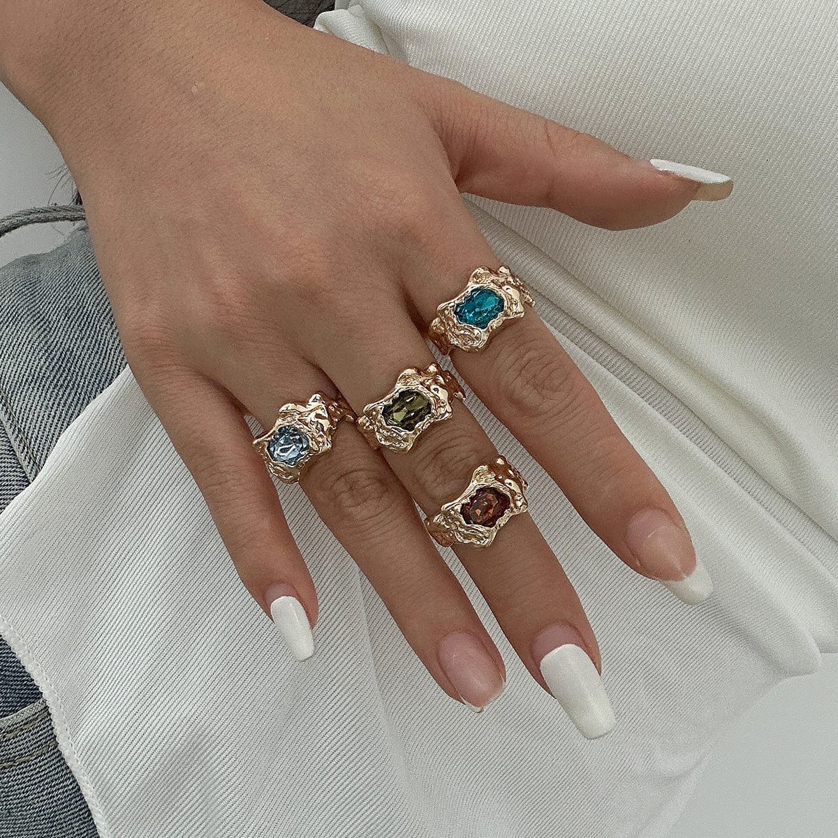 Irregular 4Pcs Gold Silver Plated Crystal Inlaid Open Ring Set - ArtGalleryZen