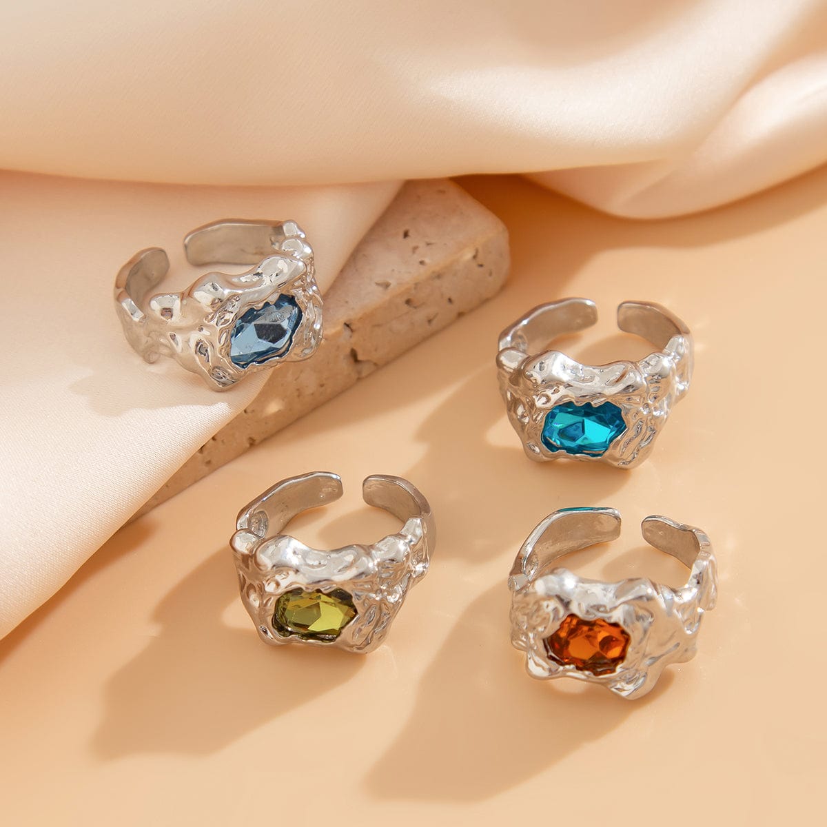 Irregular 4Pcs Gold Silver Plated Crystal Inlaid Open Ring Set