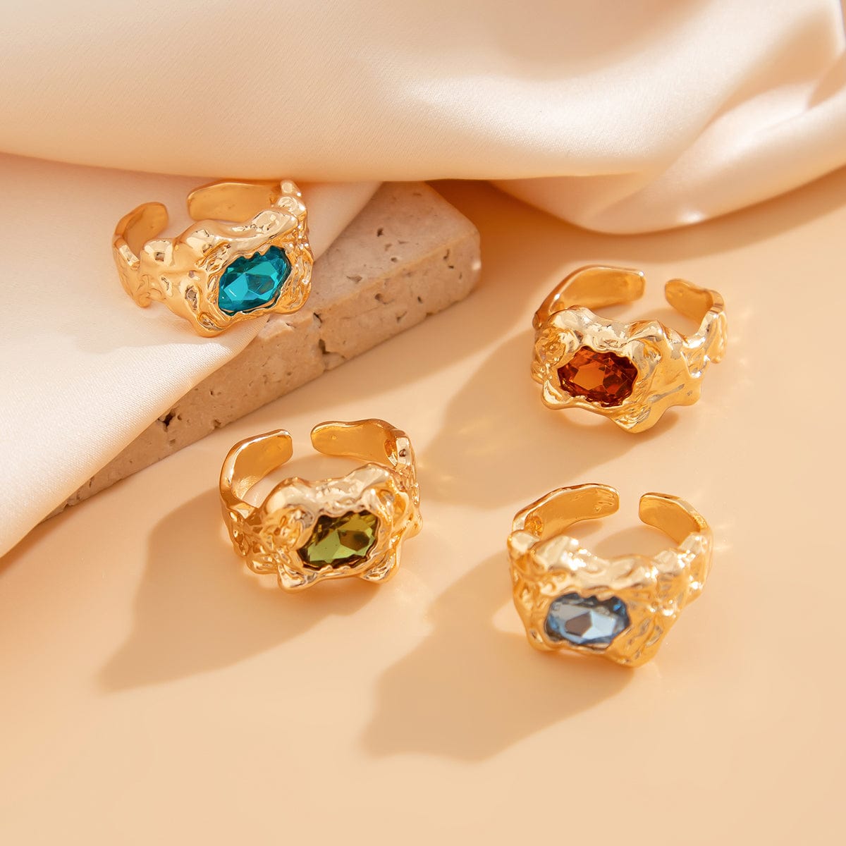 Irregular 4Pcs Gold Silver Plated Crystal Inlaid Open Ring Set