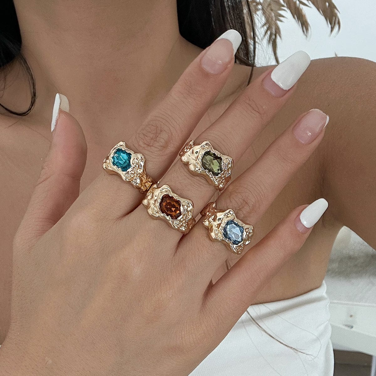 Irregular 4Pcs Gold Silver Plated Crystal Inlaid Open Ring Set