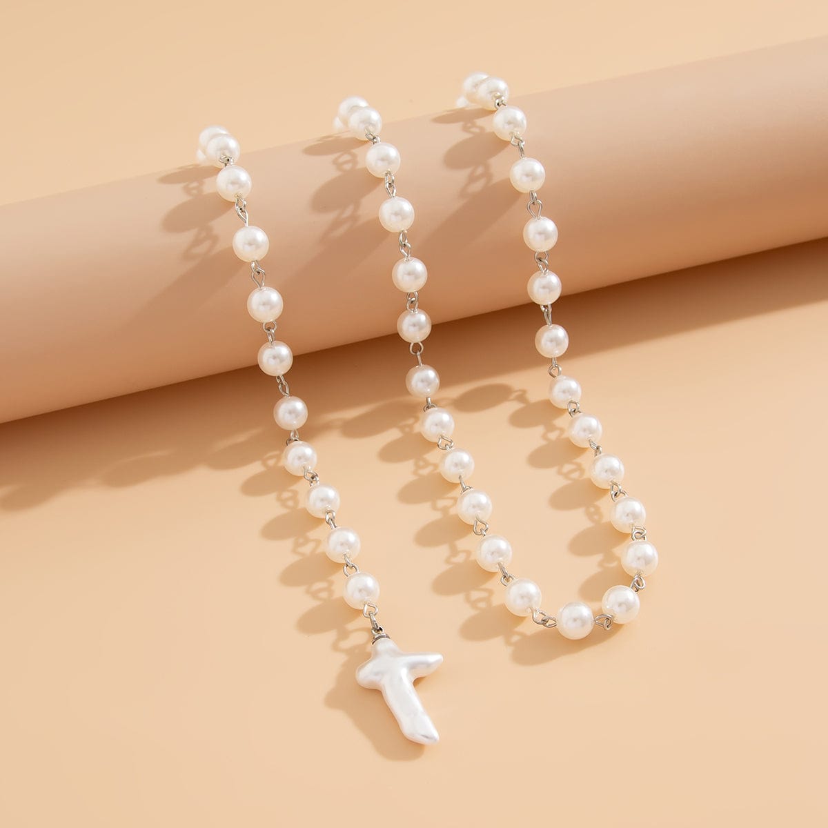 Irregular Cross Pearl Pendant Long Chain Y Necklace - ArtGalleryZen