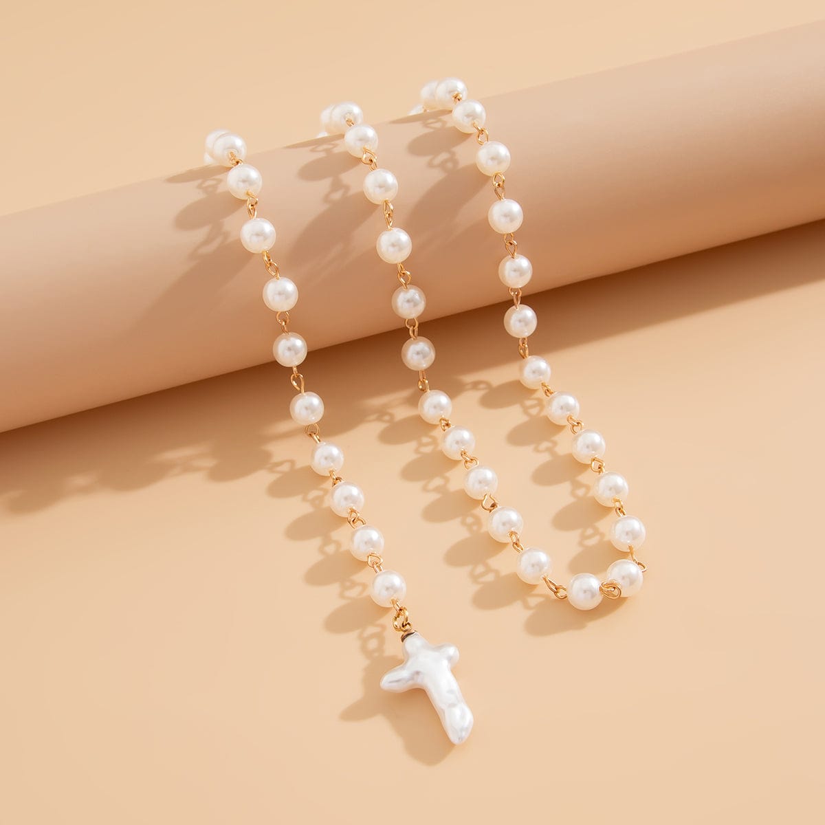 Irregular Cross Pearl Pendant Long Chain Y Necklace